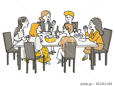 レストランで食事と会話を楽しむ女性たち 飲食店での女子会のシーン ゆるい線画の人物イラストのイラスト素材