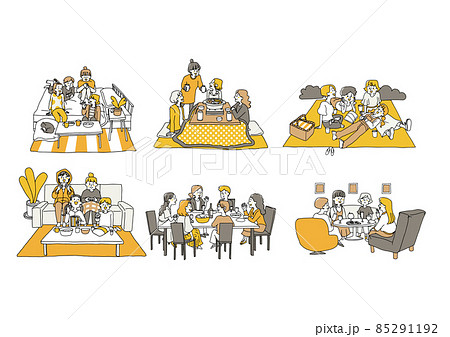 休日のパーティーを楽しむ女性たち　さまざまなシーンでの女子会セット　ゆるい線画の人物イラスト 85291192