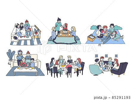 休日のパーティーを楽しむ女性たち　さまざまなシーンでの女子会セット　ゆるい線画の人物イラスト 85291193