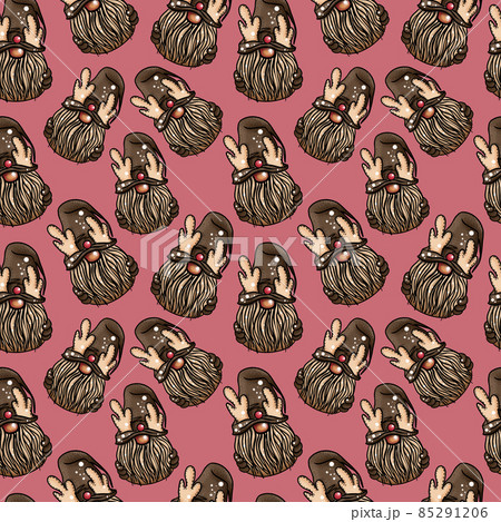Seamless pattern illustration of a gnome with a beard in a hat. New year and christmas symbol on a Seamless pattern illustration of a gnome with a beard in a hat. New year and christmas symbol on a 85291206