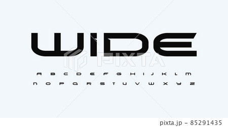 Wide rounded font, expanded alphabet. Letters with bevel spurs for strict techno headline, extended strong logo, race, gym, fit, car sport, automotive, shirts, game, cinema. Vector typography. 85291435