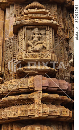 Stone sculpture of Rajarani Temple. 11th century Odisha style temple constructed dull red and yellow sandstone, Bhubaneswar, Odisha, India. 85291565