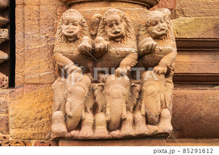 Sculpture of lions and Elephants on Rajarani Temple at the entrance of the Jagamohana or sanctuary. Rajarani temple a 11th century Odisha style temple constructed dull red and yellow sandstone., Sculpture of lions and Elephants on Rajarani Temple at the entrance of the Jagamohana or sanctuary. Rajarani temple a 11th century Odisha style temple constructed dull red and yellow sandstone., 85291612