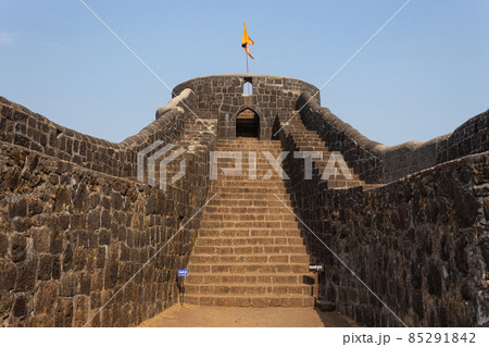 Closeup view of Chilkhati buruj, Rajgad fort, Pune, Maharashtra, India. 85291842