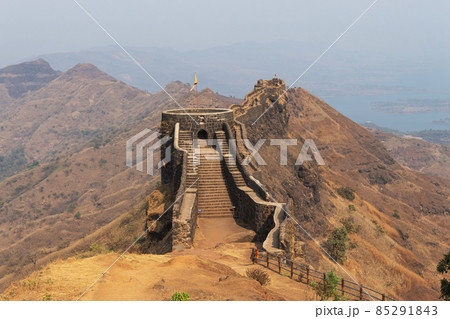 View of Chilkhati buruj from Suvela Machi, Rajgad fort, Pune, Maharashtra, India. View of Chilkhati buruj from Suvela Machi, Rajgad fort, Pune, Maharashtra, India. 85291843