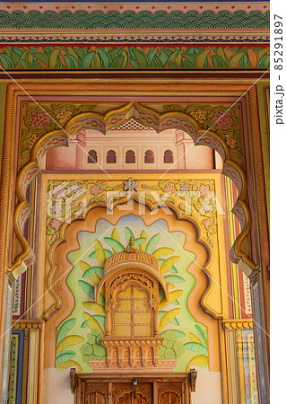 Majestic, opulent series of arches at Patrika Gate, Jawahar Circle's entrance, popular for photography.  Jaipur, rajasthan, india. 85291897