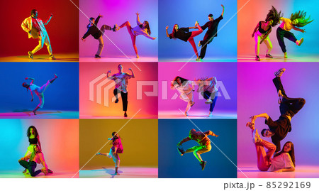 Collage of young people dancing hip hop isolated over multicolored background in neon lights Collage of young people dancing hip hop isolated over multicolored background in neon lights 85292169