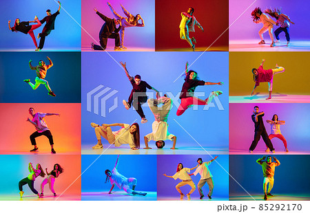 Collage of young people dancing hip hop isolated over multicolored background in neon lights 85292170