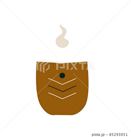 Ceramic mug with a hot drink. A porcelain cup with tea or coffee with smoke or steam. Vector illustration in a flat cartoon hand-drawn style. Isolated on a white background 85293051