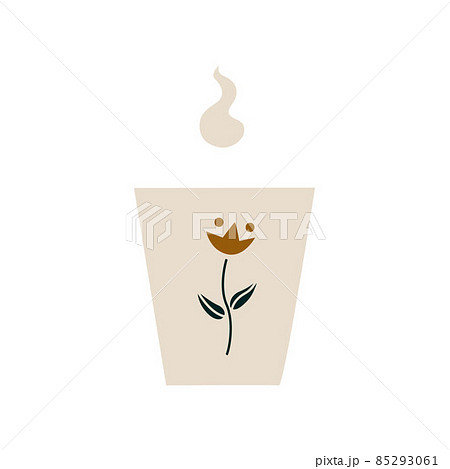 Ceramic mug with the image of a flower with a hot drink. A porcelain cup with tea or coffee with smoke or steam. Vector illustration in a flat cartoon hand-drawn style. Isolated on a white background Ceramic mug with the image of a flower with a hot drink. A porcelain cup with tea or coffee with smoke or steam. Vector illustration in a flat cartoon hand-drawn style. Isolated on a white background 85293061