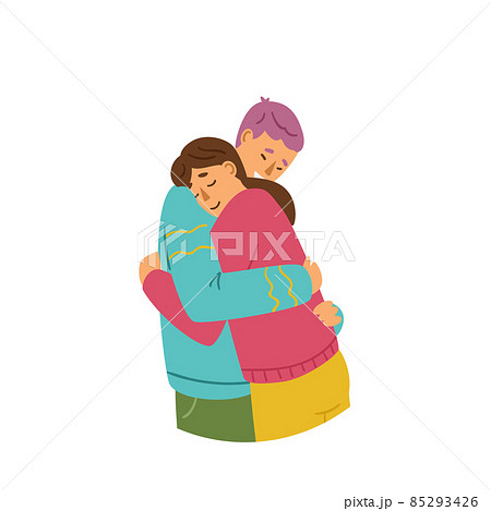 Young man and woman hugging, flat vector illustration isolated on white background. 85293426