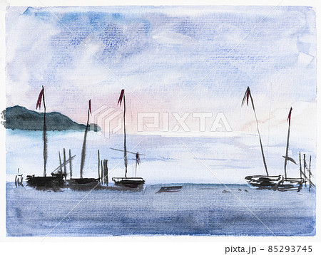 handdrawn view of sea with fishing boats on sunset 85293745