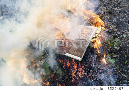 burning food magazine in fire on pile of branch burning food magazine in fire on pile of branch 85294074