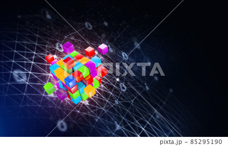 Concept of Internet and networking with digital cube figure on dark background 85295190