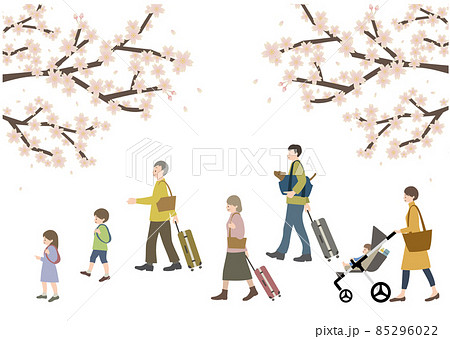 桜を背景に、ペットを連れた3世代家族の旅行をイメージしたイラスト 85296022