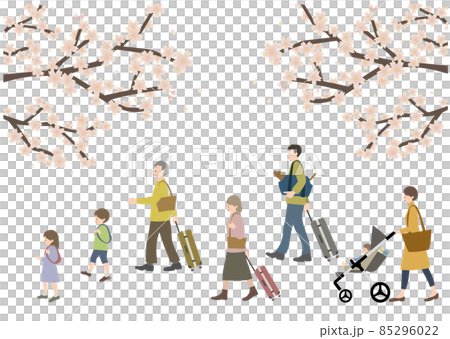 桜を背景に、ペットを連れた3世代家族の旅行をイメージしたイラスト 85296022