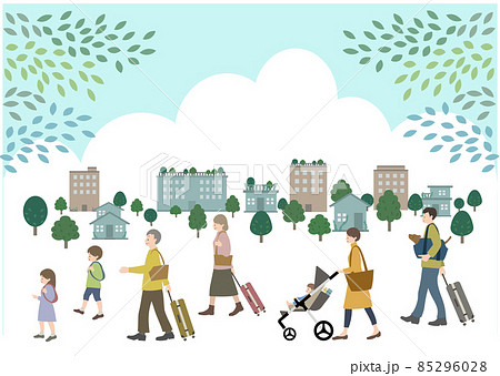 青空と街を背景に、ペットを連れた3世代家族の旅行をイメージしたイラスト 青空と街を背景に、ペットを連れた3世代家族の旅行をイメージしたイラスト 85296028