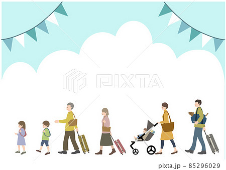 青空とガーランドを背景に、ペットを連れた3世代家族の旅行をイメージしたイラスト 青空とガーランドを背景に、ペットを連れた3世代家族の旅行をイメージしたイラスト 85296029