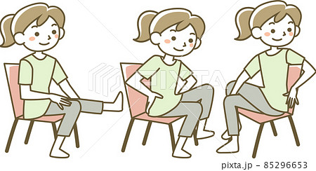 椅子に座って体操をする若い女性のイラスト素材