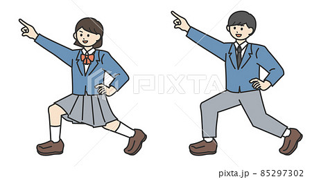 斜め上に指をさしている学生の男の子と女の子のイラスト素材セットのイラスト素材