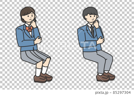 考え事をしながら座っている学生の男の子と女の子のイラスト素材セットのイラスト素材