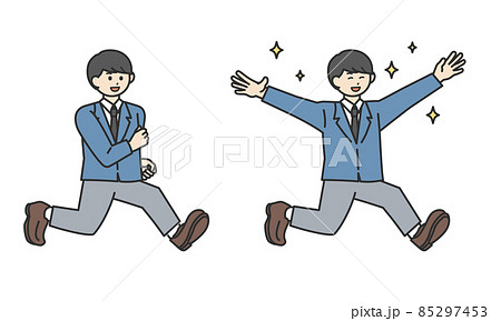 ジャンプしているポジティブな学生の男の子のイラスト素材セットのイラスト素材