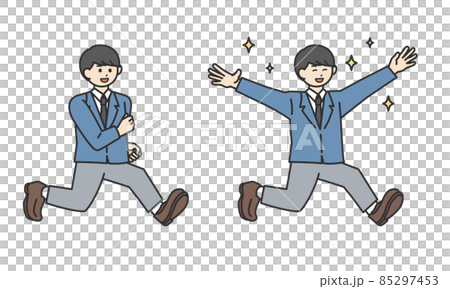 ジャンプしているポジティブな学生の男の子のイラスト素材セット ジャンプしているポジティブな学生の男の子のイラスト素材セット 85297453
