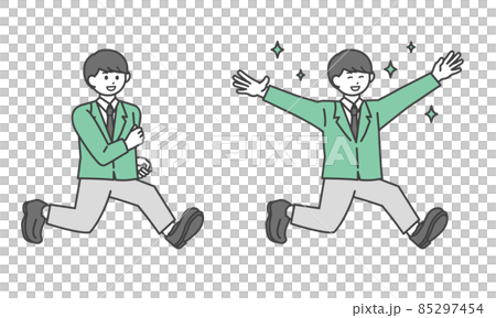 ジャンプしているポジティブな学生の男の子のイラスト素材セット 85297454