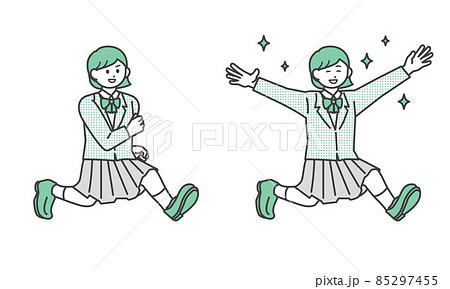 ジャンプしているポジティブな学生の女の子のイラスト素材セットのイラスト素材 ジャンプしているポジティブな学生の女の子のイラスト素材セットのイラスト素材