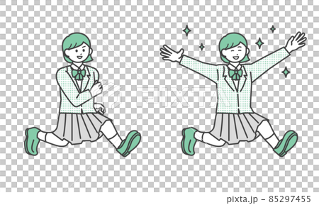 ジャンプしているポジティブな学生の女の子のイラスト素材セットのイラスト素材