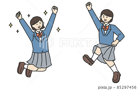 ジャンプしているポジティブな学生の女の子のイラスト素材セットのイラスト素材 ジャンプしているポジティブな学生の女の子のイラスト素材セットのイラスト素材