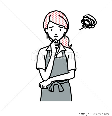 立って手をあごにあてて困っているカフェ店員の女性 85297489
