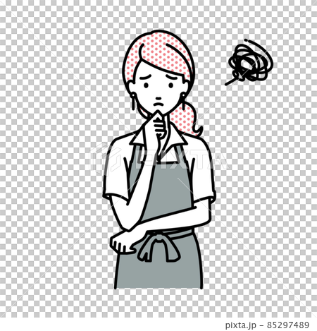 立って手をあごにあてて困っているカフェ店員の女性 85297489