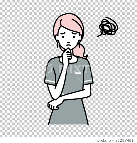 立って手をあごにあてて困っているエステ店員の女性 85297491