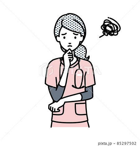立って手をあごにあてて困っている看護師の女性 85297502