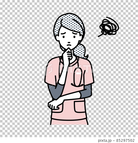 立って手をあごにあてて困っている看護師の女性 85297502