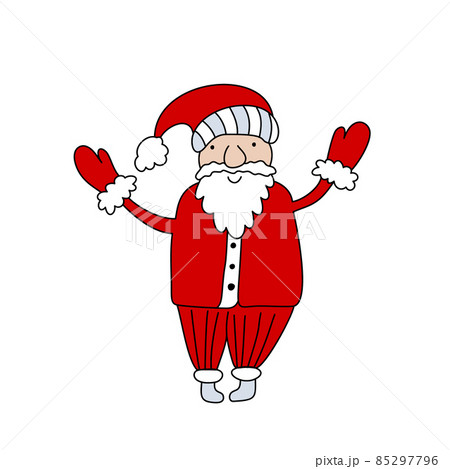 Hand drawn vector Santa Claus with red hat and mittens. Fun Merry Christmas time illustration greeting card isolated on white background Hand drawn vector Santa Claus with red hat and mittens. Fun Merry Christmas time illustration greeting card isolated on white background 85297796