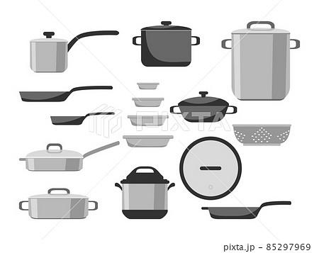 Cartoon stainless and non-stick cookware set, pots, pans, saucepans and utensils tools cooking isolated on white background, vector illustration. Kitchen icons objects elements for boiling and frying 85297969