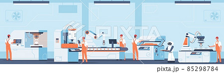 Automatic lines employees. Manufacturing process in factory interior. Worker characters. Men in uniform work on industrial machines. Plant equipment. Industry production. Vector concept Automatic lines employees. Manufacturing process in factory interior. Worker characters. Men in uniform work on industrial machines. Plant equipment. Industry production. Vector concept 85298784