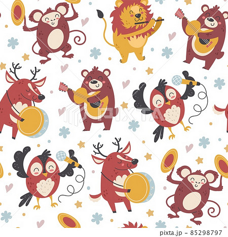 Seamless animals musicians. Funny musical orchestra characters. Forest inhabitants play various instruments. Jazz music band. Kids backdrop. Performers with drum or guitar. Vector pattern 85298797
