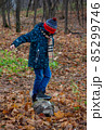 Looks into the distance. Autumn lighting, yellow autumn leaves all around. Autumn park forest. The boy is standing in the autumn park. 85299746