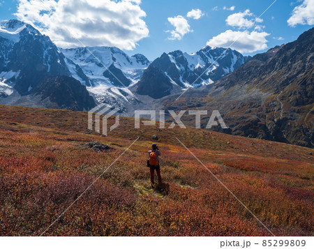 Male photographer takes an autumn wildlife photo. Solo trekking. Travel freelancer blogger lifestyle, concept adventure voyage outdoor. Male photographer takes an autumn wildlife photo. Solo trekking. Travel freelancer blogger lifestyle, concept adventure voyage outdoor. 85299809