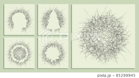 abstract round backgrounds of small hand drawn chaotic prickly lines. Random children doodles of scribbles. Isolated vector 85299945