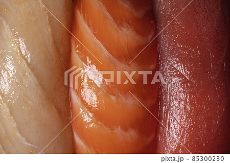 Sushi nigiri assortment with salmon, tuna and butterfish macro close up full frame Sushi nigiri assortment with salmon, tuna and butterfish macro close up full frame 85300230
