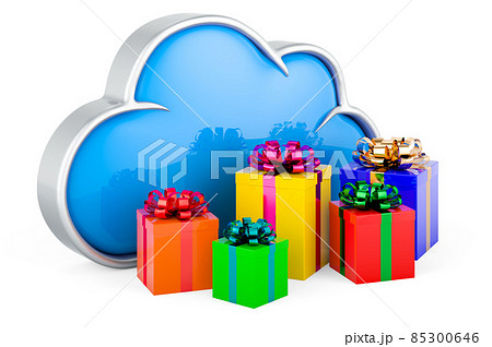Cloud computing with presents, gift concept. 3D rendering Cloud computing with presents, gift concept. 3D rendering 85300646