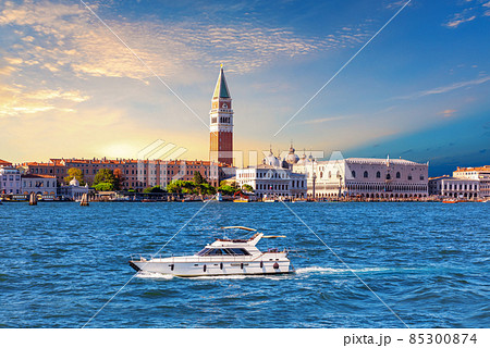 Venice Lagoon with a boat and famous places of interest, Italy Venice Lagoon with a boat and famous places of interest, Italy 85300874
