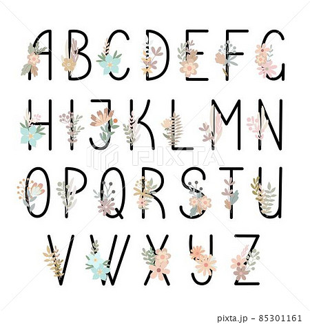 Letters of alphabet uppercase decorated with flowers, floral monogram vector illustration in simple boho style, flat pastel colored decorative lettering Letters of alphabet uppercase decorated with flowers, floral monogram vector illustration in simple boho style, flat pastel colored decorative lettering 85301161