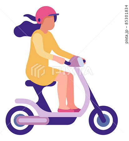 Woman in helmet driving scooter. Fast urban transport 85301834