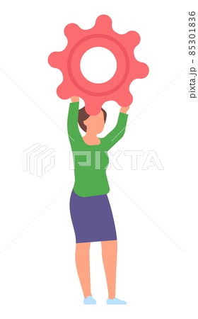 Woman holding giant gear symbol. Working process or settings icon 85301836