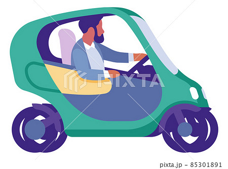 Man driving green mini car. Electric eco transport 85301891